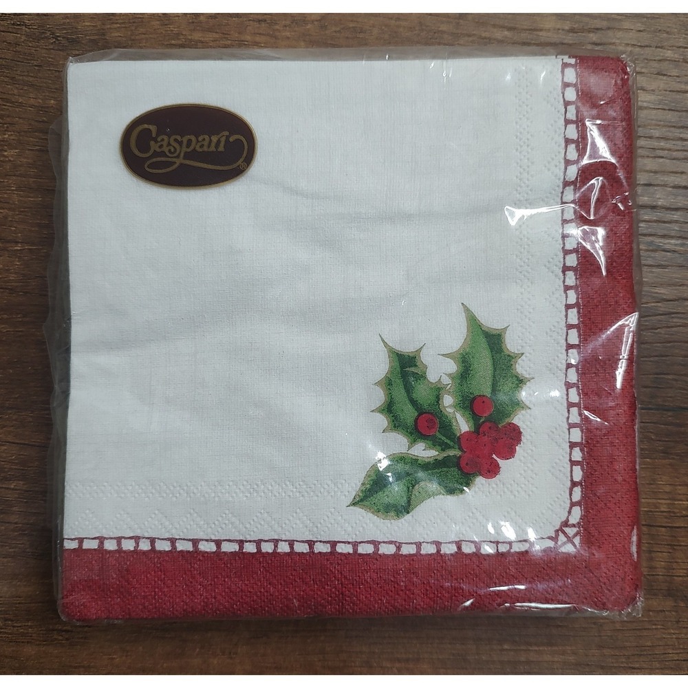 Vtg Caspari Paper Luncheon Napkins Christmas Holly Linen 20ct 25cm Square A2